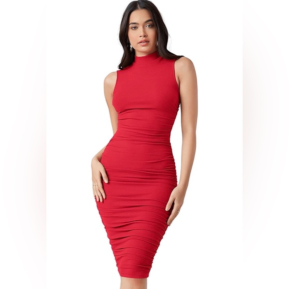 Women's Solid Mock Neck Sleeveless Ruched Bodycon Dress in red - Picture 4 of 9